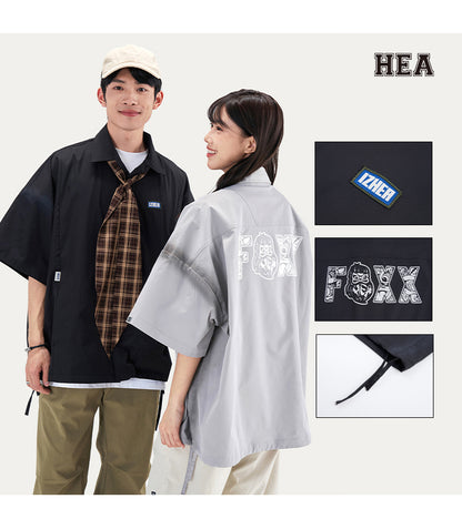HEA Oversized Shirt with Unique Graphic Print Casual Streetwear Unisex Short Sleeve Shirt