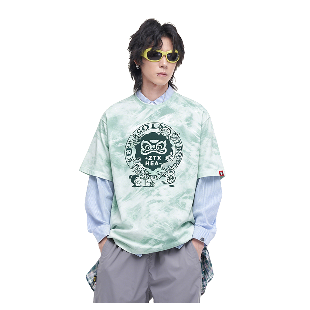 HEA Unisex Oversized Tie-Dye Graphic T-Shirt, Crew Neck Cotton Tee with Lion Print, Casual Streetwear Top for Men Women
