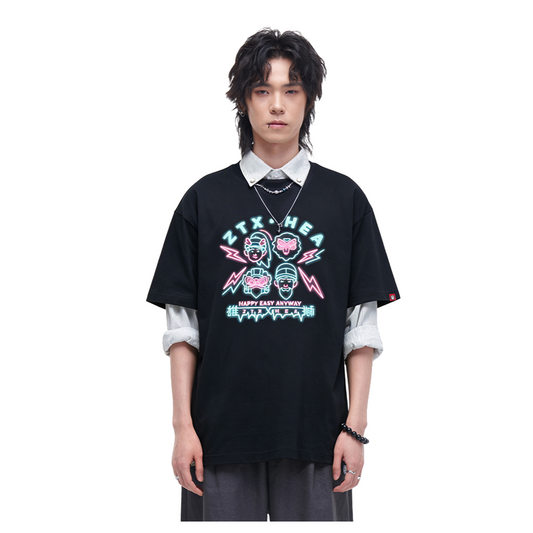 HEA Unisex Oversized Graphic T-Shirt, Crew Neck Cotton Tee with Neon-Style Lion Print, Casual Streetwear Top for Men Women