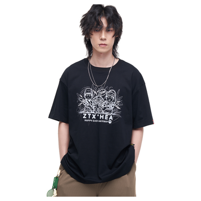 HEA Unisex Oversized Graphic T-Shirt, Crew Neck Cotton Tee with Sketch Print, Casual Streetwear Top for Men Women
