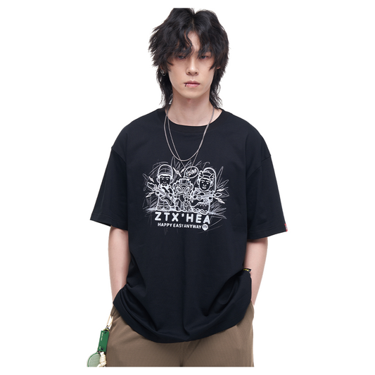 HEA Unisex Oversized Graphic T-Shirt, Crew Neck Cotton Tee with Sketch Print, Casual Streetwear Top for Men Women