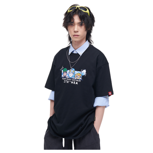 HEA Unisex Oversized Graphic T-Shirt, Casual Crew Neck Cotton Tee with Cartoon Print, Loose Fit Streetwear Top for Men Women