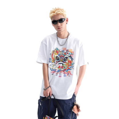 HEA Unisex Heavyweight Cotton Colorful Lion Graphic T-Shirt, Oversized Streetwear Short Sleeve Tee