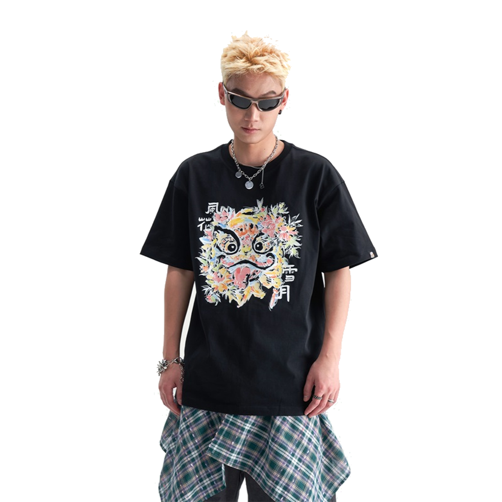 HEA Unisex Heavyweight Cotton Colorful Lion Graphic T-Shirt, Oversized Streetwear Short Sleeve Tee