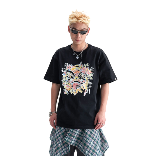 HEA Unisex Heavyweight Cotton Colorful Lion Graphic T-Shirt, Oversized Streetwear Short Sleeve Tee