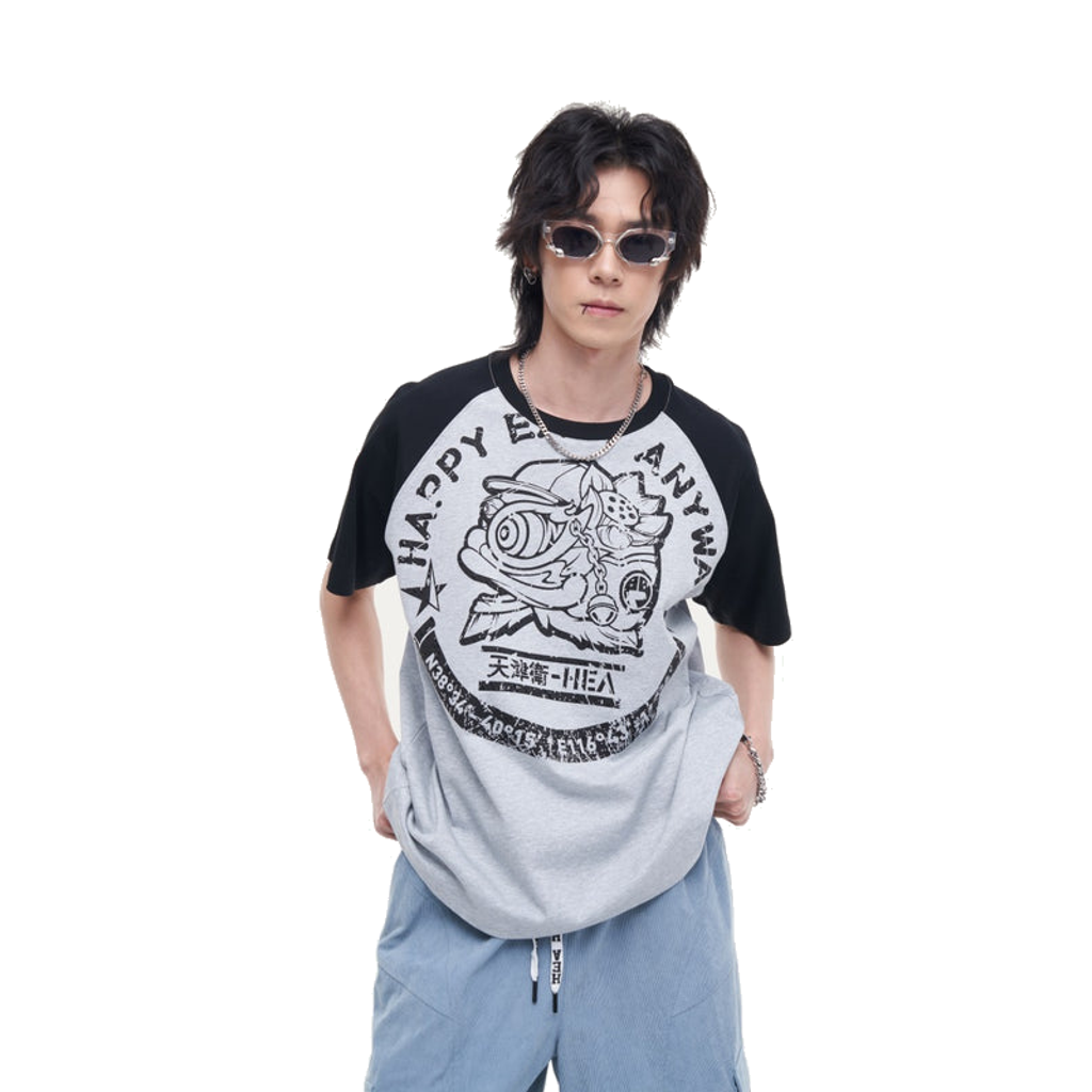 HEA Unisex Heavyweight 100% Cotton Raglan Sleeve Lion Print T-Shirt, Casual Streetwear Short Sleeve
