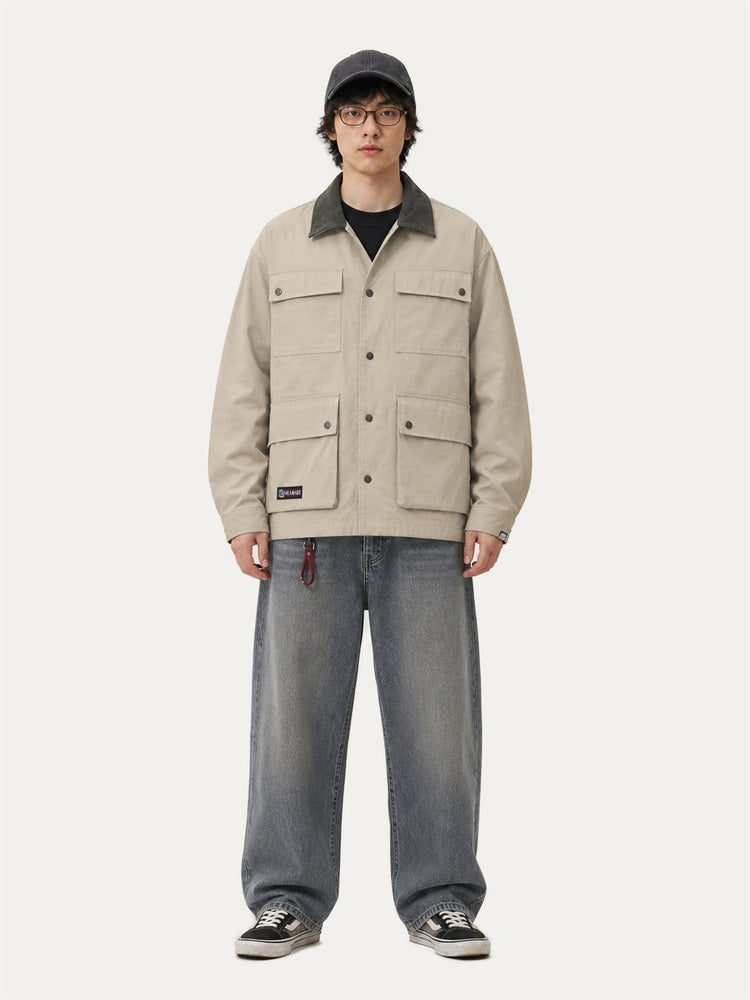 HEA Multi-Pocket Workwear Jacket – Contrast Collar Utility Coat