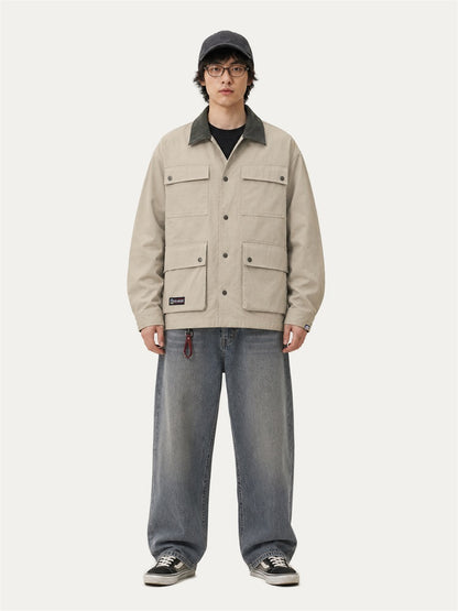 HEA Multi-Pocket Workwear Jacket – Contrast Collar Utility Coat