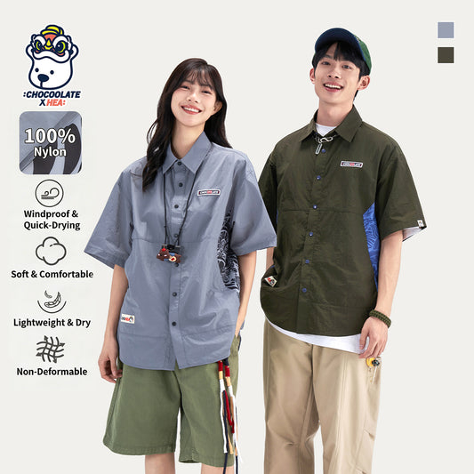 HEA Paisley Print Panel Short-Sleeve Shirt, Unisex Streetwear Casual Button-Up
