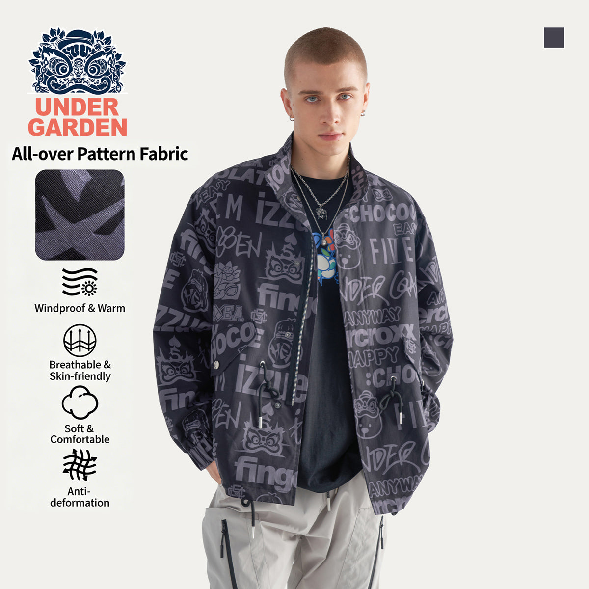 Allover Letter Print Fleece Button Down Jacket