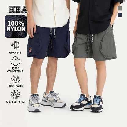 HEA Men’s Lightweight Cargo Shorts, Casual Streetwear Utility Shorts with Lion Head Embroidery