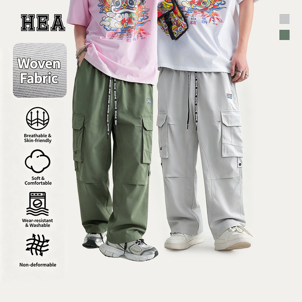 HEA Men’s Lightweight Cargo Pants, Casual Streetwear Loose Straight-Leg Trousers with Drawstring Waist