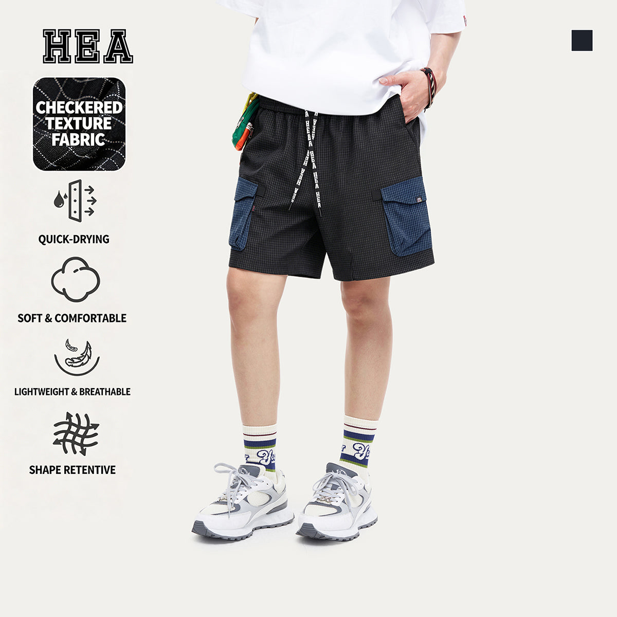 HEA Waffle Knit Patchwork Cargo Shorts, Men’s Streetwear Casual Utility Shorts