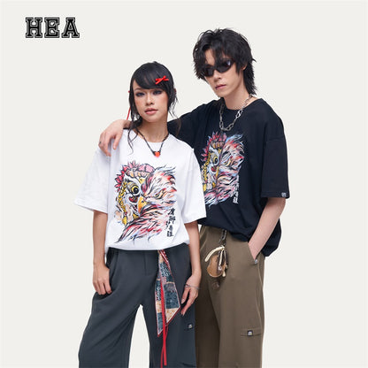 HEA Unisex Heavyweight 100% Cotton Lion Eagle Graphic T-Shirt, Oversized Streetwear