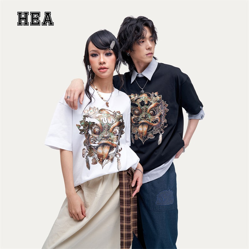 HEA Unisex Heavyweight Cotton Lion Graphic T-Shirt, Oversized Streetwear Short Sleeve Tee