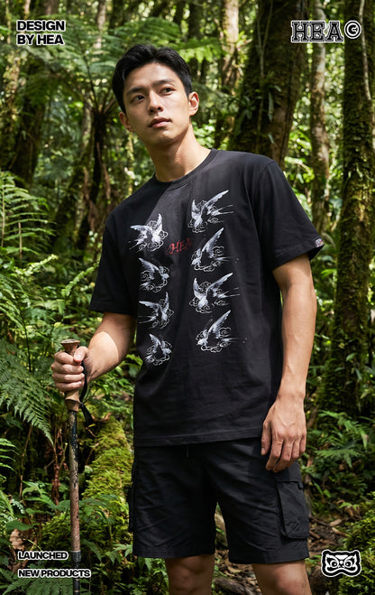 HEA Swallow Print T-Shirt, Unisex Streetwear Casual Tee with Traditional Chinese Art