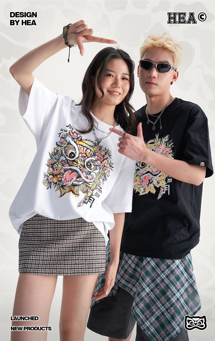 HEA Unisex Heavyweight Cotton Colorful Lion Graphic T-Shirt, Oversized Streetwear Short Sleeve Tee