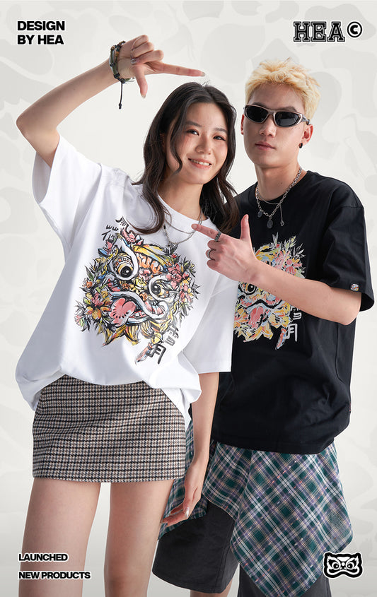 HEA Unisex Heavyweight Cotton Colorful Lion Graphic T-Shirt, Oversized Streetwear Short Sleeve Tee