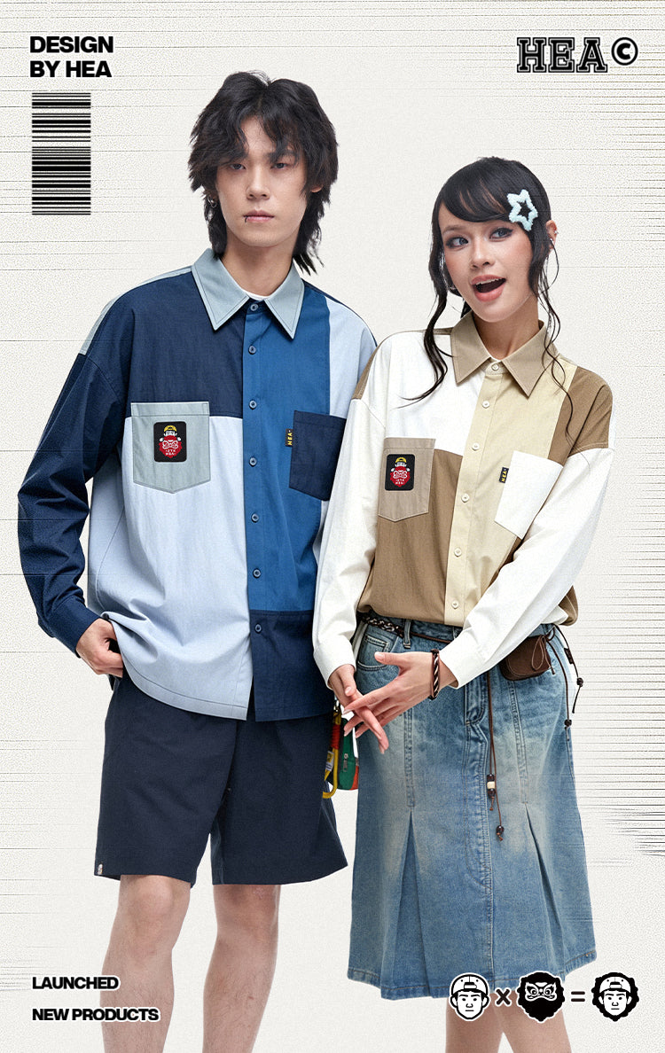 HEA Patchwork Color Block Oversized Button-Up Shirt | Unisex Streetwear Casual Top