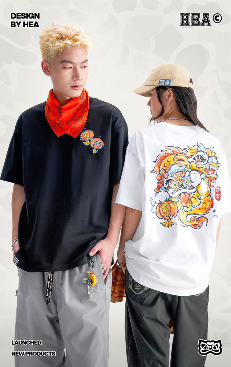HEA Unisex Heavyweight Cotton Lion Graphic T-Shirt, Oversized Streetwear Short Sleeve Tee