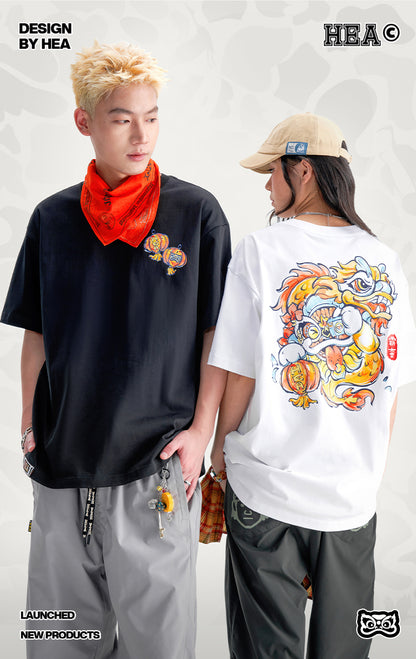 HEA Unisex Heavyweight Cotton Lion Graphic T-Shirt, Oversized Streetwear Short Sleeve Tee