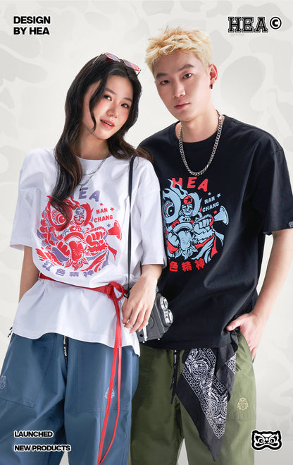 HEA Unisex Heavyweight 100% Cotton Lion Print T-Shirt, Casual Oversized Streetwear Short Sleeve