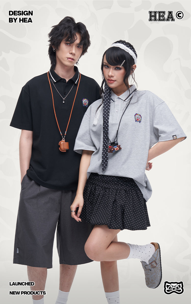 HEA Unisex Oversized Polo Shirt, Short-Sleeve Streetwear Top with Embroidered Logo, Casual Collared Tee for Men & Women