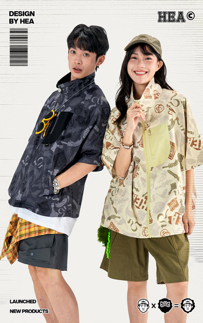 HEA All-Over Print Half-Sleeve Zip-Up Jacket | Unisex Streetwear Casual Stand Collar Top