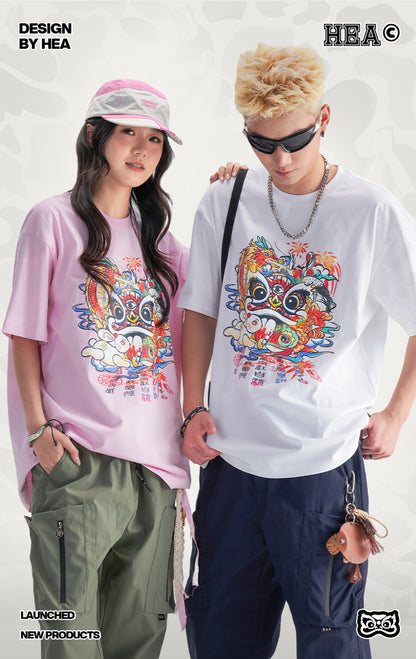 HEA Unisex Heavyweight Cotton Colorful Lion Graphic T-Shirt, Oversized Streetwear Short Sleeve Tee