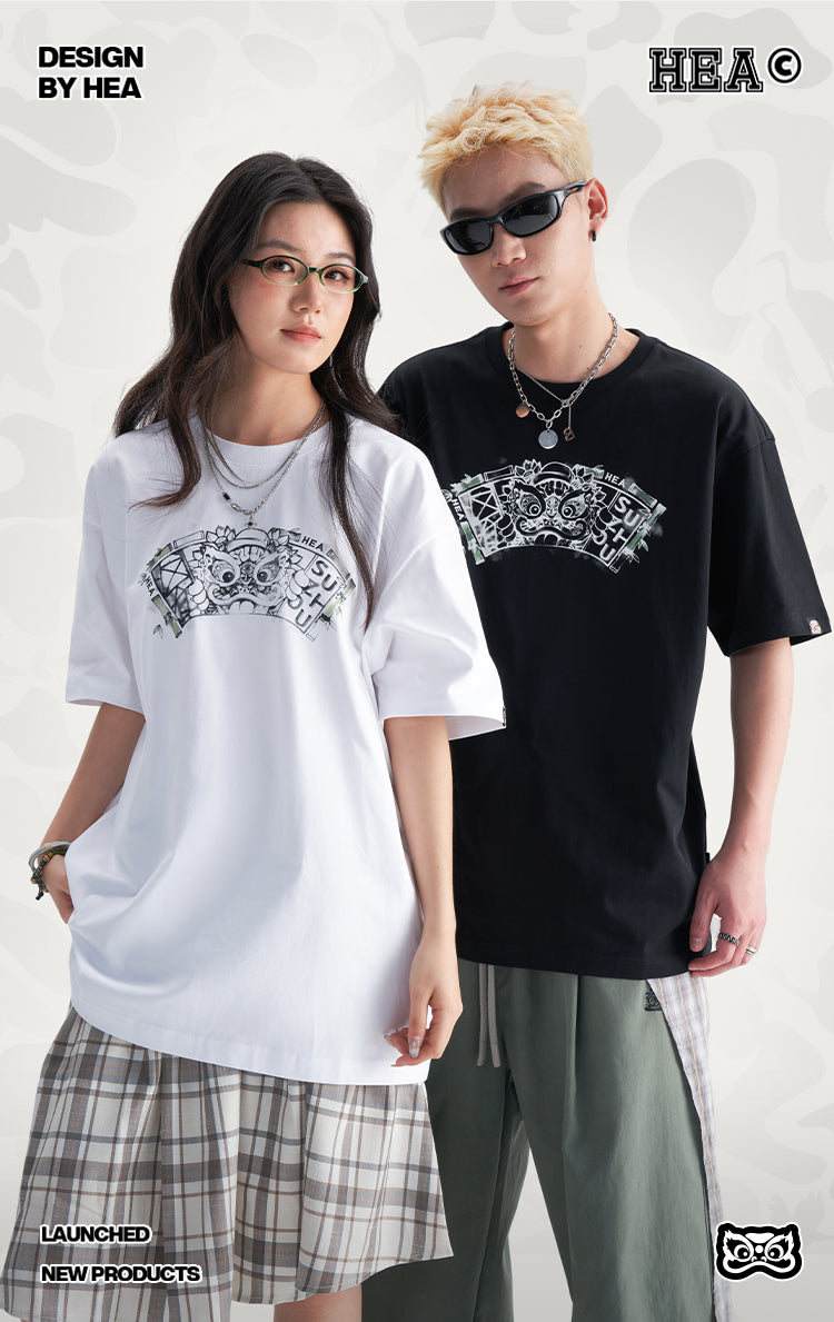 HEA Unisex Heavyweight Cotton Lion Graphic T-Shirt, Oversized Streetwear Short Sleeve Tee