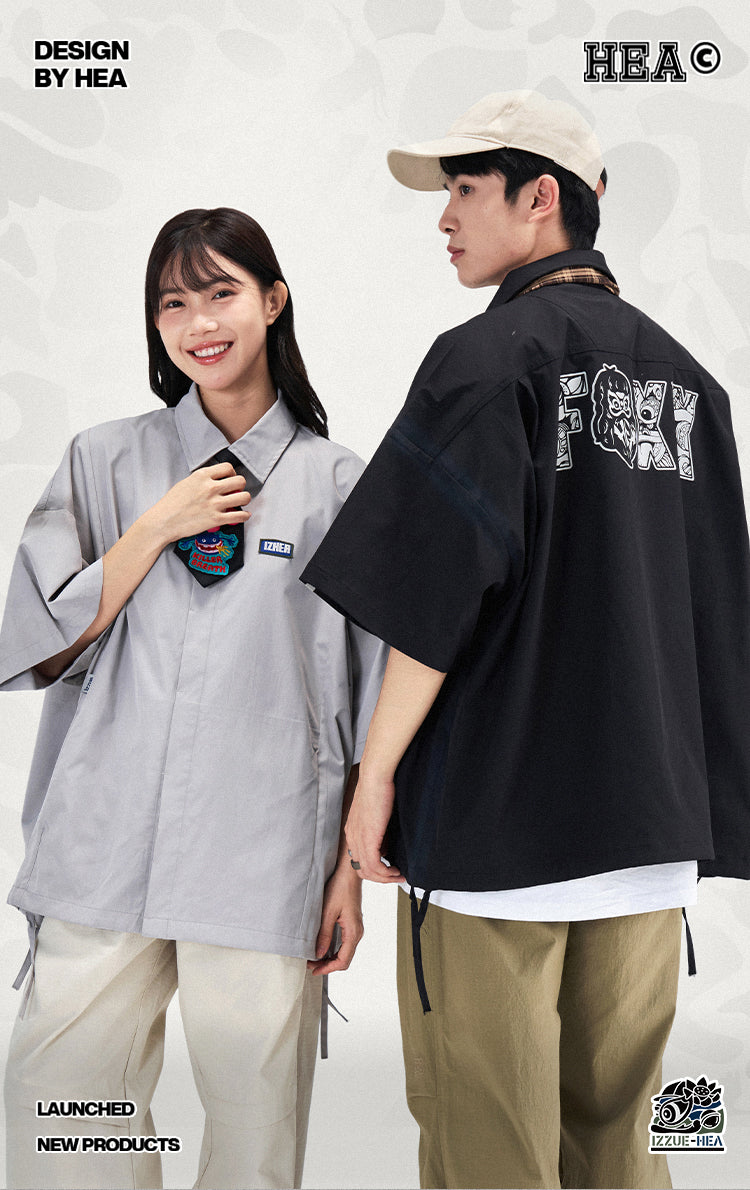 HEA Oversized Shirt with Unique Graphic Print Casual Streetwear Unisex Short Sleeve Shirt