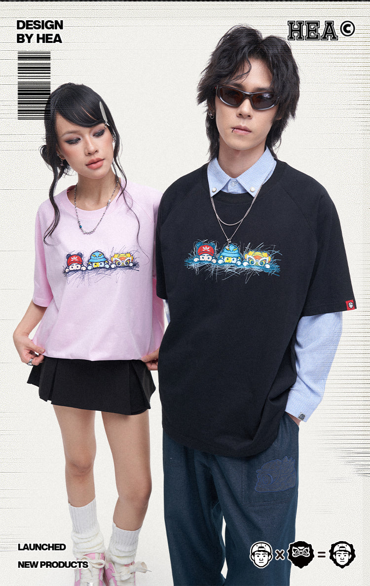 HEA Unisex Oversized Cartoon Print T-Shirt, Crew Neck Cotton Tee with Graffiti-Style Character Design, Casual Streetwear Top for Men Women