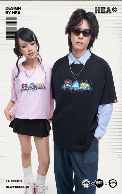 HEA Unisex Oversized Cartoon Print T-Shirt, Crew Neck Cotton Tee with Graffiti-Style Character Design, Casual Streetwear Top for Men Women