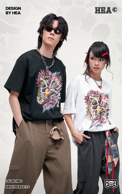 HEA Unisex Heavyweight 100% Cotton Lion Eagle Graphic T-Shirt, Oversized Streetwear