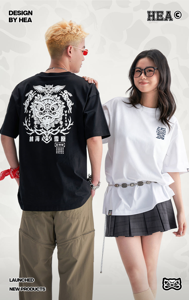 HEA Back Graphic Lion Head T-Shirt, Unisex Streetwear Casual Tee with Mythical Print