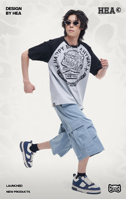HEA Unisex Heavyweight 100% Cotton Raglan Sleeve Lion Print T-Shirt, Casual Streetwear Short Sleeve