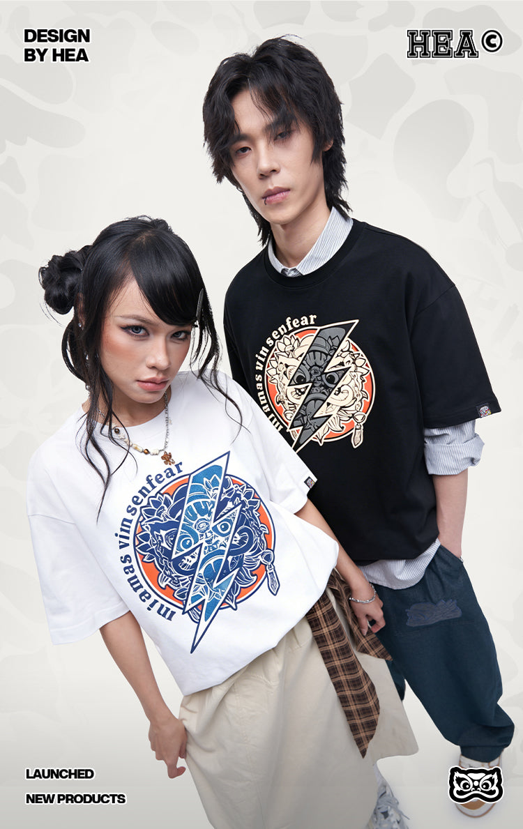 HEA Unisex Oversized Graphic T-Shirt, Crew Neck Cotton Tee with Front & Back Lion Print, Casual Streetwear Top for Men Women