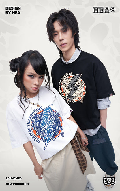HEA Unisex Oversized Graphic T-Shirt, Crew Neck Cotton Tee with Front & Back Lion Print, Casual Streetwear Top for Men Women