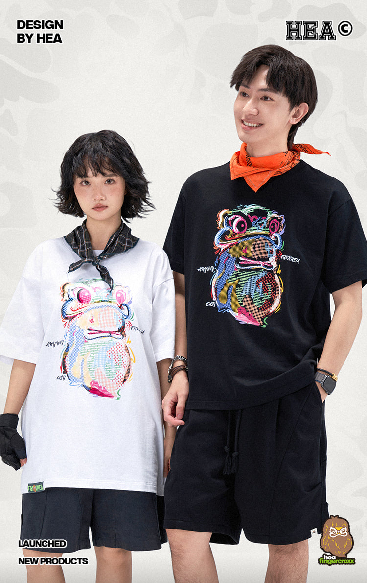 HEA Cartoon Graphic Print T-Shirt Casual Streetwear Short Sleeve Tee Unisex Trendy Cotton T-shirt