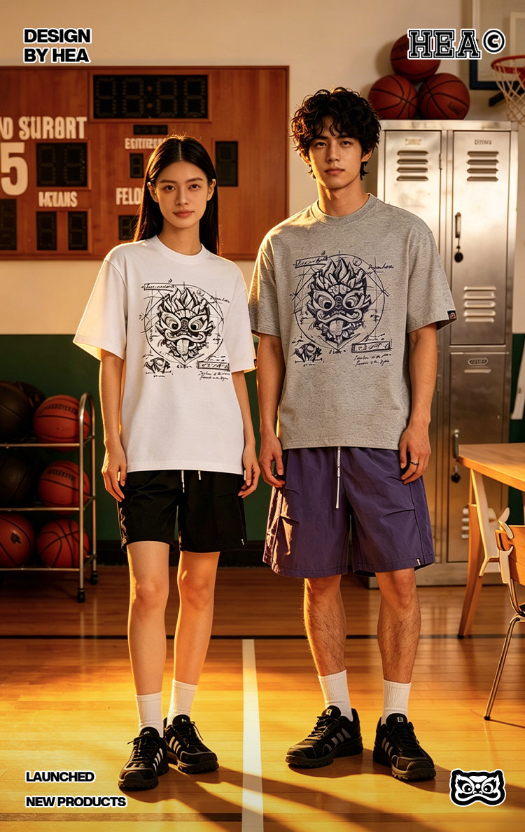 HEA Blueprint Sketch Lion Head Crewneck Tee, Unisex Casual Cotton Short Sleeve T-Shirt