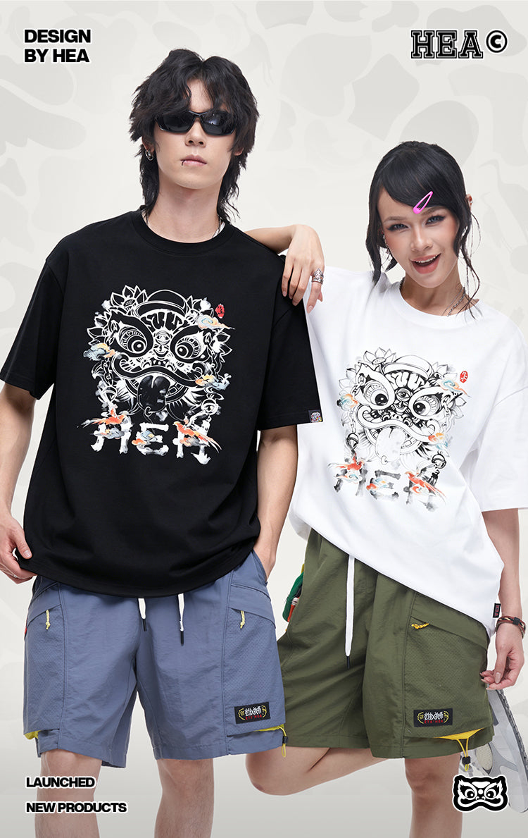 HEA Ink Wash Style Lion Head T-Shirt, Unisex Streetwear Casual Tee with Artistic Print