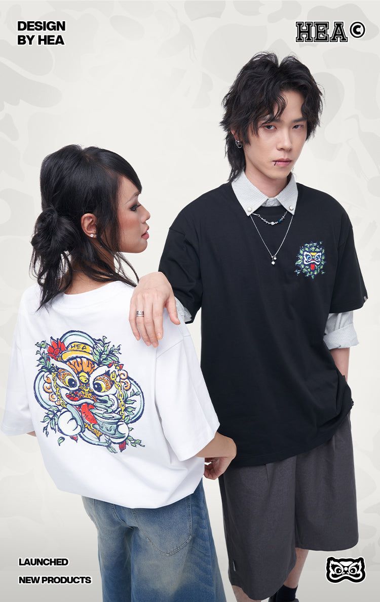 HEA Unisex Heavyweight Cotton Lion Graphic T-Shirt, Oversized Streetwear Short Sleeve Tee