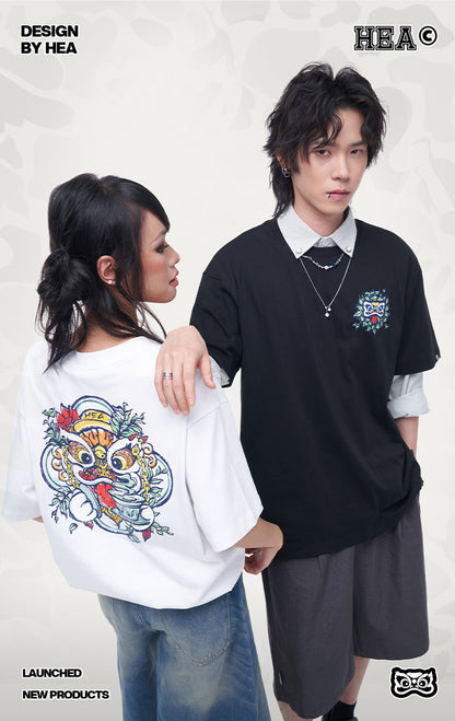 HEA Unisex Heavyweight Cotton Lion Graphic T-Shirt, Oversized Streetwear Short Sleeve Tee