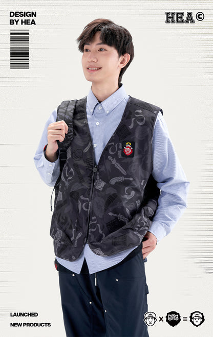 HEA All-Over Print Zip-Up Vest | Unisex Streetwear Sleeveless Casual Waistcoat