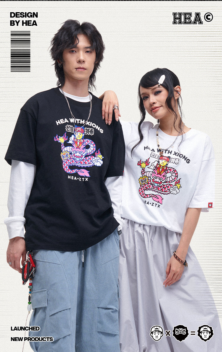 HEA Unisex Oversized Cartoon Print T-Shirt, Crew Neck Cotton Tee with Graffiti-Style Character Design, Casual Streetwear Top for Men Women