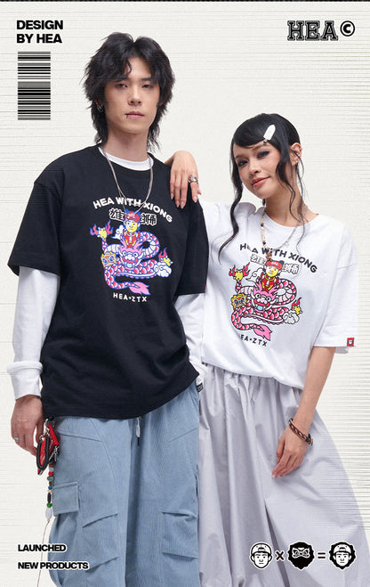 HEA Unisex Oversized Cartoon Print T-Shirt, Crew Neck Cotton Tee with Graffiti-Style Character Design, Casual Streetwear Top for Men Women