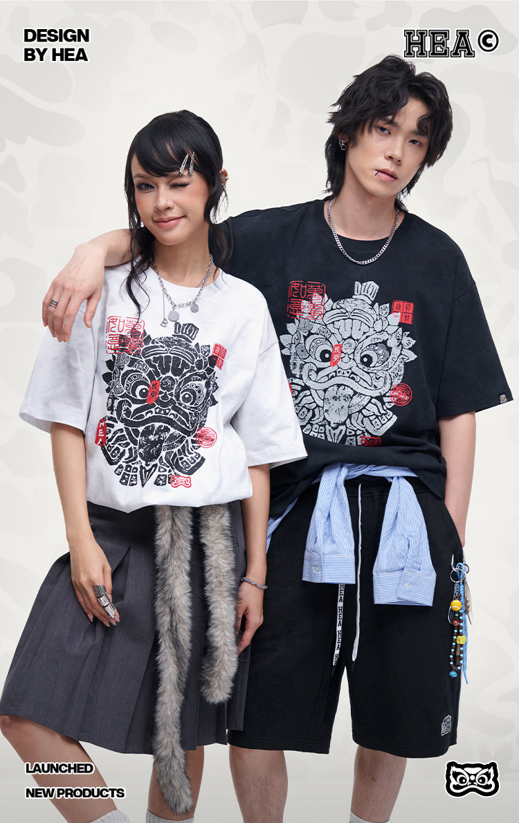HEA Unisex Tie Dye Lion Print T-Shirt, Casual Streetwear Oversized Short Sleeve Cotton Tee