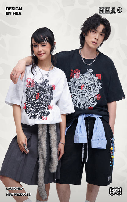 HEA Unisex Tie Dye Lion Print T-Shirt, Casual Streetwear Oversized Short Sleeve Cotton Tee