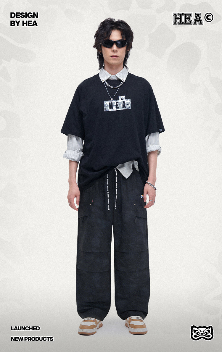 HEA Unisex Camo Print Cargo Pants, Wide Leg Streetwear Trousers