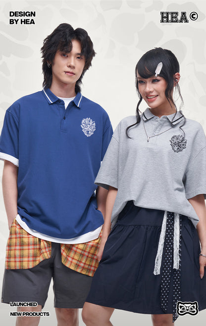 HEA Unisex Oversized Polo Shirt, Short-Sleeve Streetwear Top with Embroidered Lion Logo, Casual Collared Tee for Men & Women